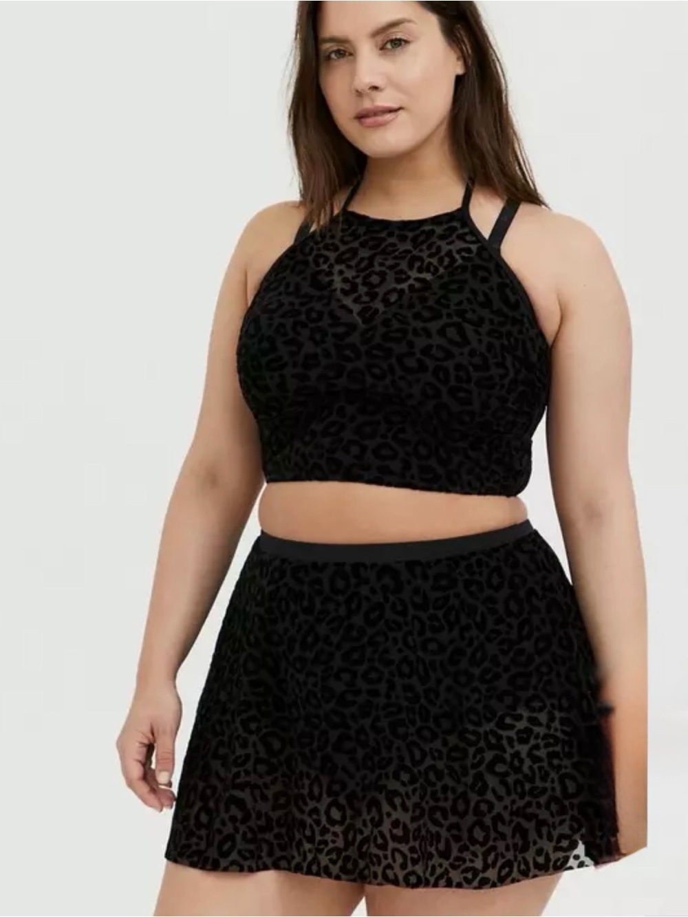 NWT Torrid Black Velvet Leopard Print Bikini Skater Skirt Set Size 1X - Picture 2 of 13